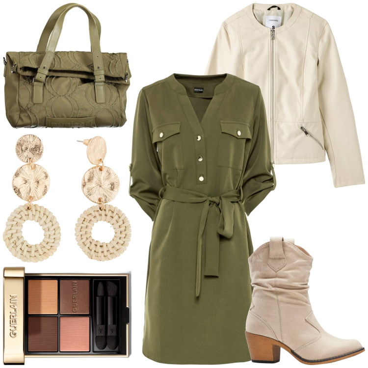 Outfit donna - Vestito verde militare. Stile Basic per Tutti i giorni. Abbinamento con stivaletti texani, vestiti chemisier, orecchini, ombretti, blazer, borse a spalla.