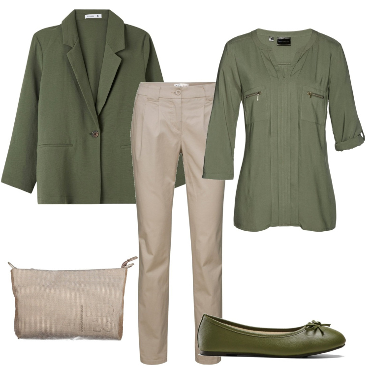 Outfit donna - Essenziale. Stile Casual chic per Ufficio. Abbinamento con pantaloni chino, ballerine, tuniche, blazer, pochette.