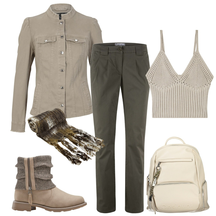 Outfit donna - Portami a fare un giro in moto. Stile Urban per Tutti i giorni. Abbinamento con pantaloni chino, blazer, stivaletti, top, sciarpe, zaini.