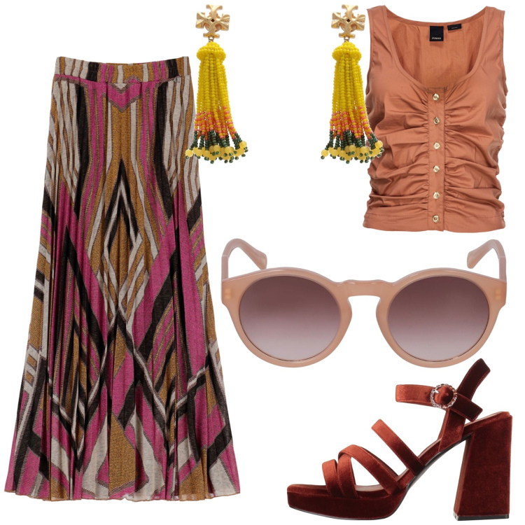 Outfit donna - Total look #1842951. Stile Boho per Mare. Abbinamento con sandali col tacco, orecchini, top, gonne lunghe, occhiali da sole.