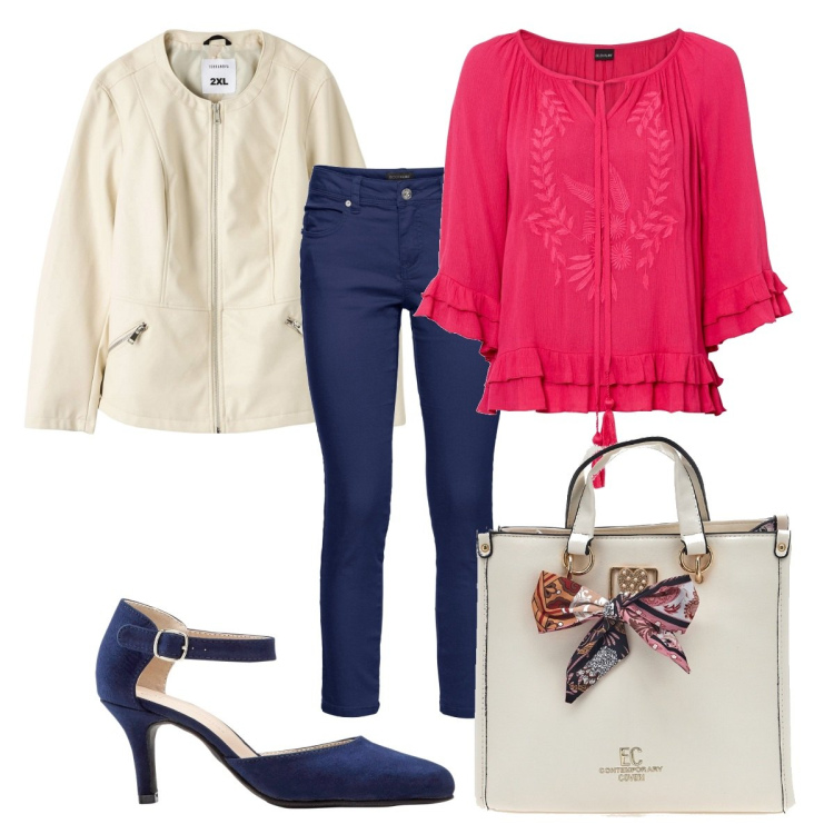 Outfit donna - Una blusa primaverile. Stile Chic per Ufficio. Abbinamento con tuniche, décolleté, pantaloni, blazer, borse a mano.