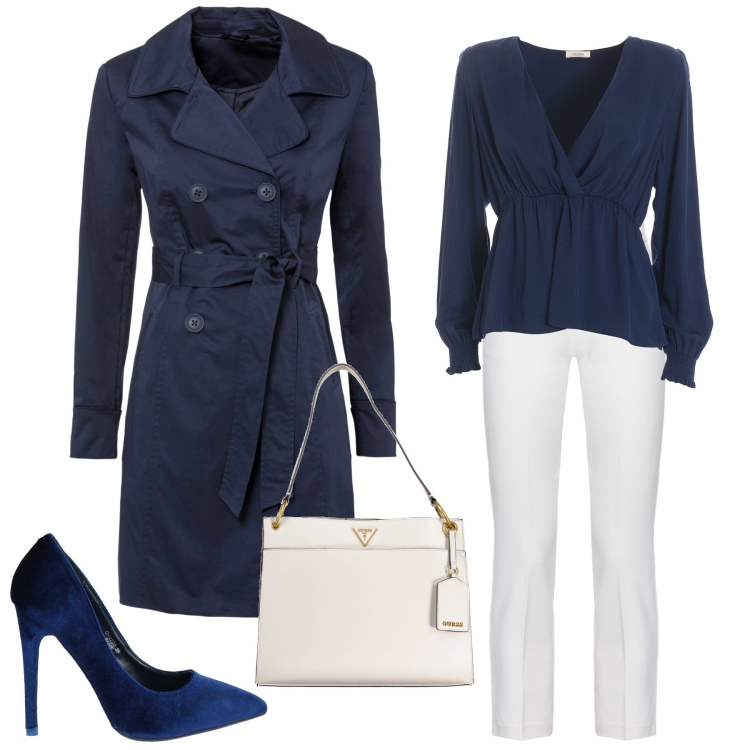 Outfit donna - Bianco e blu. Stile Casual chic per Ufficio. Abbinamento con trench, décolleté, pantaloni, bluse, borse a spalla.