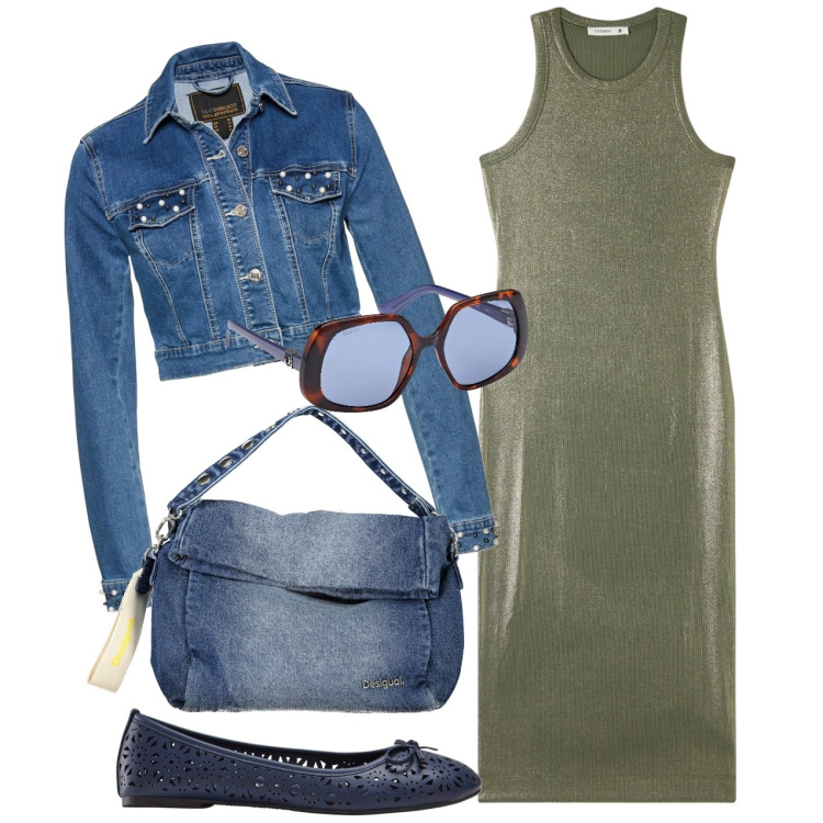 Outfit donna - Denim su tutto. Stile Urban per Tutti i giorni. Abbinamento con ballerine, blazer, vestiti midi/longuette, borse a spalla, occhiali da sole.