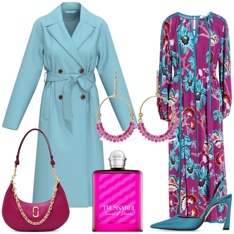 Outfit donna - Pranzo elegante. Stile Boho per Tutti i giorni. Abbinamento con vestiti lunghi, profumi, trench, borse a spalla, orecchini, décolleté.