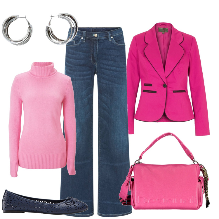 Outfit donna - Total look #1842983. Stile Casual chic per Tutti i giorni. Abbinamento con jeans, maglieria, ballerine, blazer, orecchini, borse a spalla.