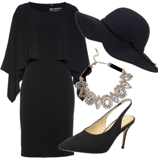 Outfit donna - Bon Ton #12649. Stile Bon Ton per Serata fuori. Abbinamento con vestito con volant stretto in maglina nero, cappello, scarpe con cinturino nero, collana con catenina oro.