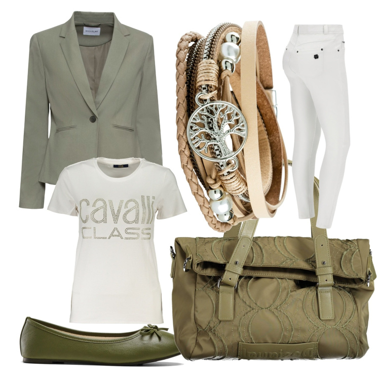 Outfit donna - Blazer e ballerina. Stile Sporty chic per Ufficio. Abbinamento con blazer, braccialetti, ballerine, pantaloni skinny, t-shirt, borse a spalla.