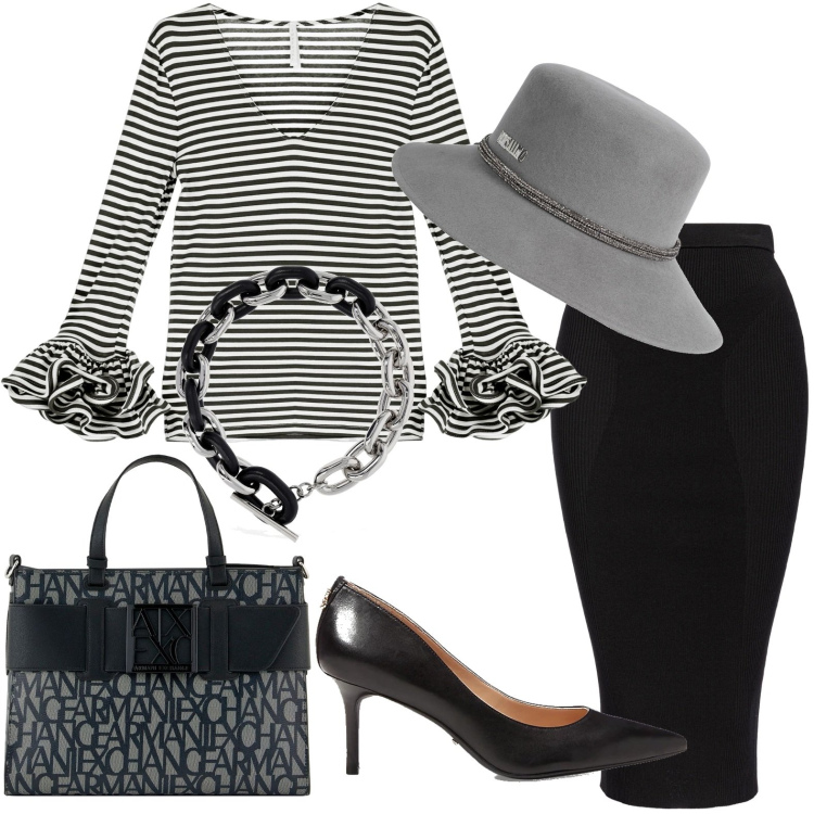 Outfit donna - Total look #1843006. Stile Casual chic per Serata fuori. Abbinamento con cappelli, gonne longuette, t-shirt, décolleté, borse tote, collane.