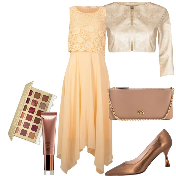Outfit donna - Abito elegante e leggero. Stile Chic per Cerimonia. Abbinamento con vestiti senza maniche, décolleté, ombretti, fondotinta, borse a tracolla, bolero.