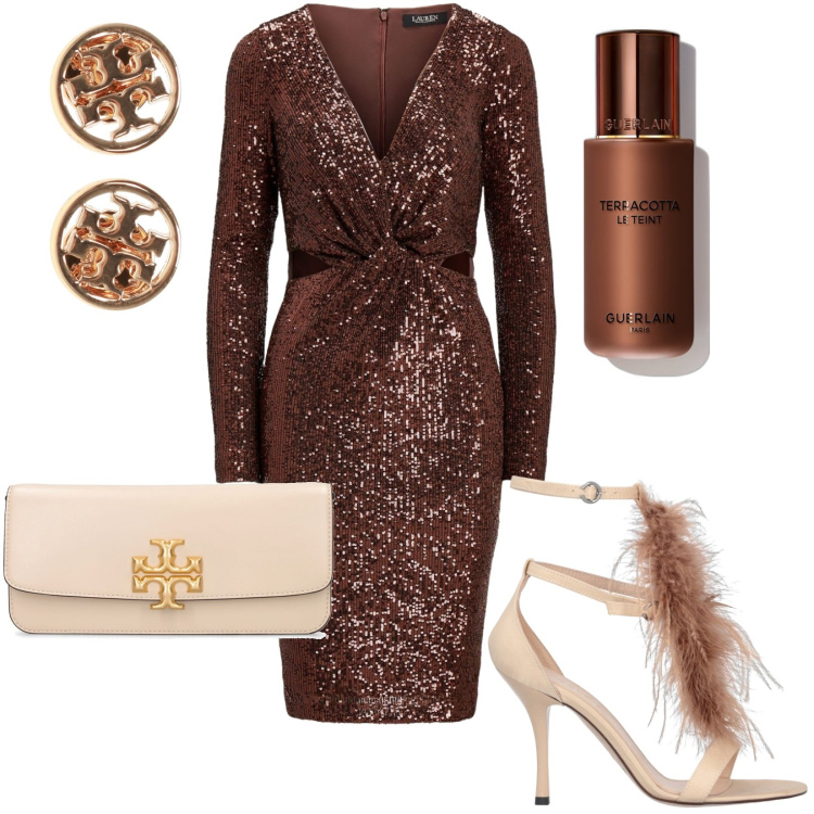 Outfit donna - Cocktail dress. Stile Glamour per Serata fuori. Abbinamento con vestiti midi/longuette, orecchini, fondotinta, sandali in pelle, pochette.