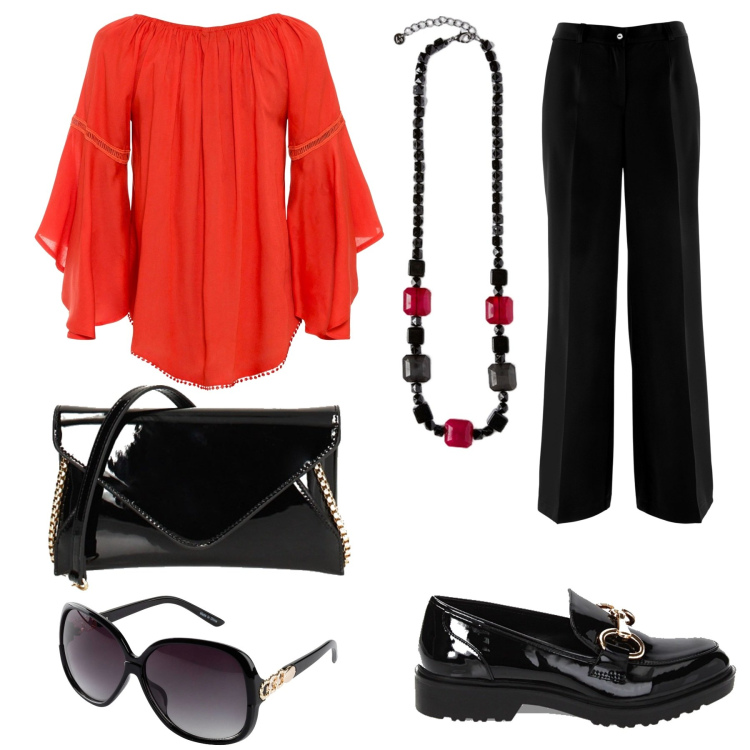 Outfit donna - Rosso e nero. Stile Casual chic per Ufficio. Abbinamento con pantaloni, occhiali da sole, bluse, mocassini, pochette, collane.
