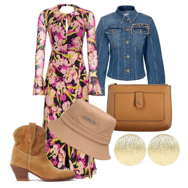 Outfit donna - Ghost outfitter - marzo. Stile Glamour per Tutti i giorni. Abbinamento con vestiti lunghi, blazer, stivaletti, orecchini, borse a tracolla, cappelli.