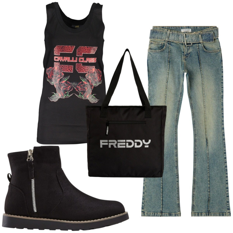 Outfit donna - Total look #1843049. Stile Trendy per Tutti i giorni. Abbinamento con stivaletti, jeans a zampa, shopping bag, canottiere.