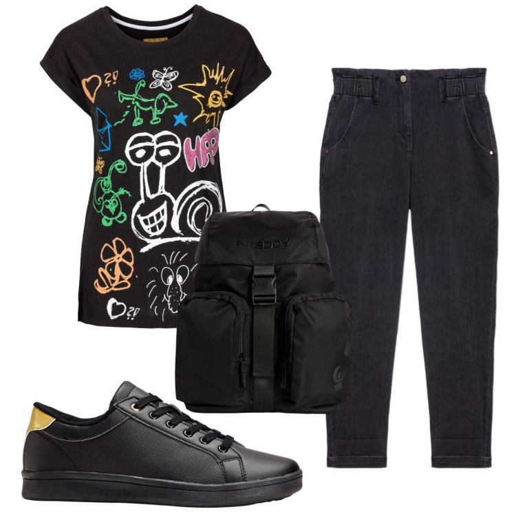 Outfit donna - Total look #1843063. Stile Basic per Tutti i giorni. Abbinamento con t-shirt, sneakers, zaini, jeans.