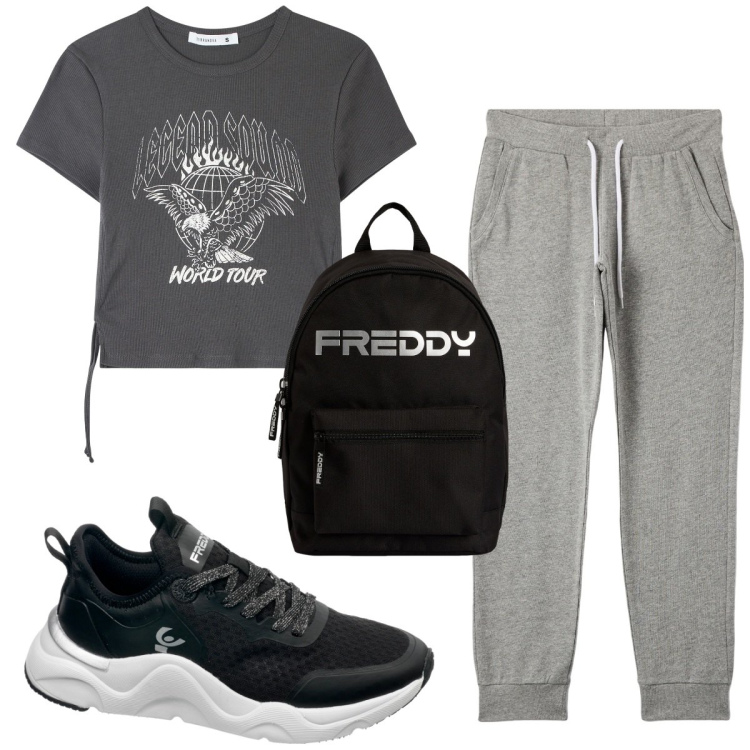 Outfit donna - Total look #1843066. Stile Basic per Sport. Abbinamento con t-shirt, pantaloni, sneakers, zaini.