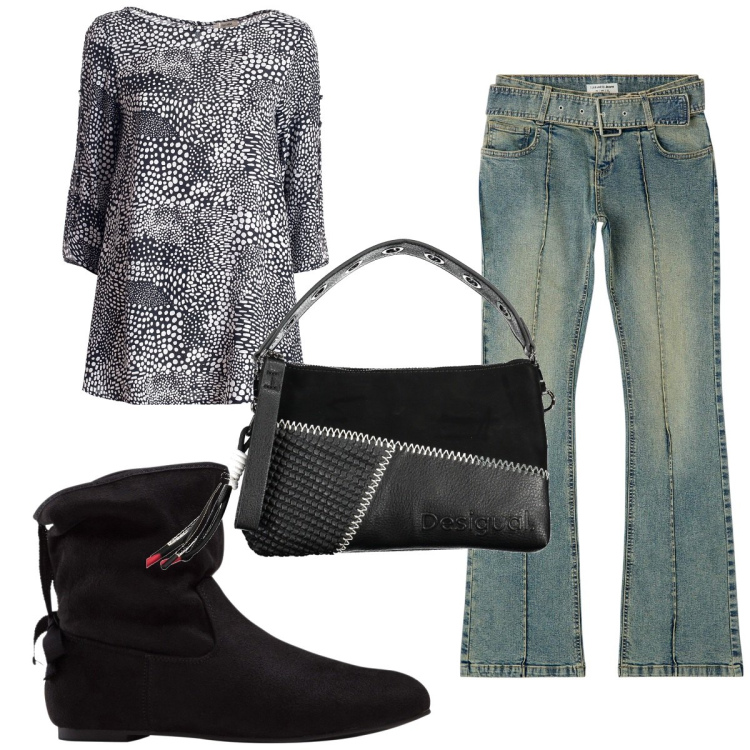 Outfit donna - Total look #1843076. Stile Etnico per Tutti i giorni. Abbinamento con stivaletti, jeans a zampa, bluse, borse a spalla.