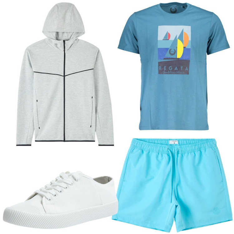 Outfit uomo - Total look #1843107. Stile Trendy per Tutti i giorni. Abbinamento con felpe con cappuccio, sneakers, bermuda, t-shirt.
