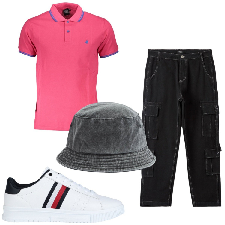 Outfit uomo - Total look #1843109. Stile Trendy per Tutti i giorni. Abbinamento con sneakers, cappelli, pantaloni cargo, polo.