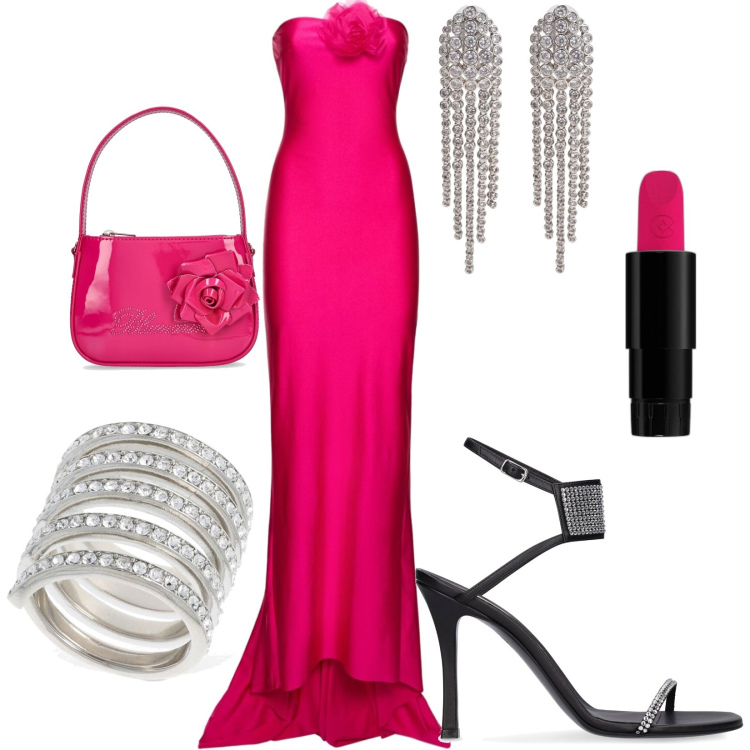 Outfit donna - Cerimonia/Red carpet. Stile Glamour per Cerimonia. Abbinamento con orecchini, rossetti, vestiti, sandali in pelle, anelli, borse a mano.