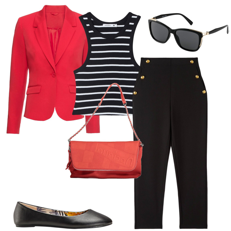 Outfit donna - City. Stile Urban per Tutti i giorni. Abbinamento con ballerine, occhiali da sole, blazer, pantaloni chino, canottiere, borse a mano.