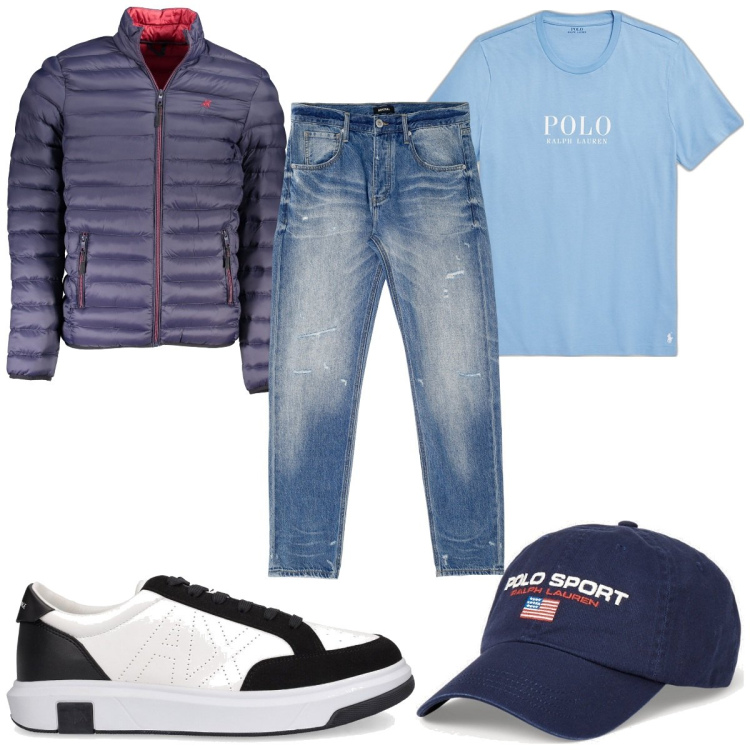 Outfit uomo - T -shirt sportiva e jeans. Stile Casual per Tutti i giorni. Abbinamento con jeans dritti, t-shirt, berretti, giacche, sneakers.