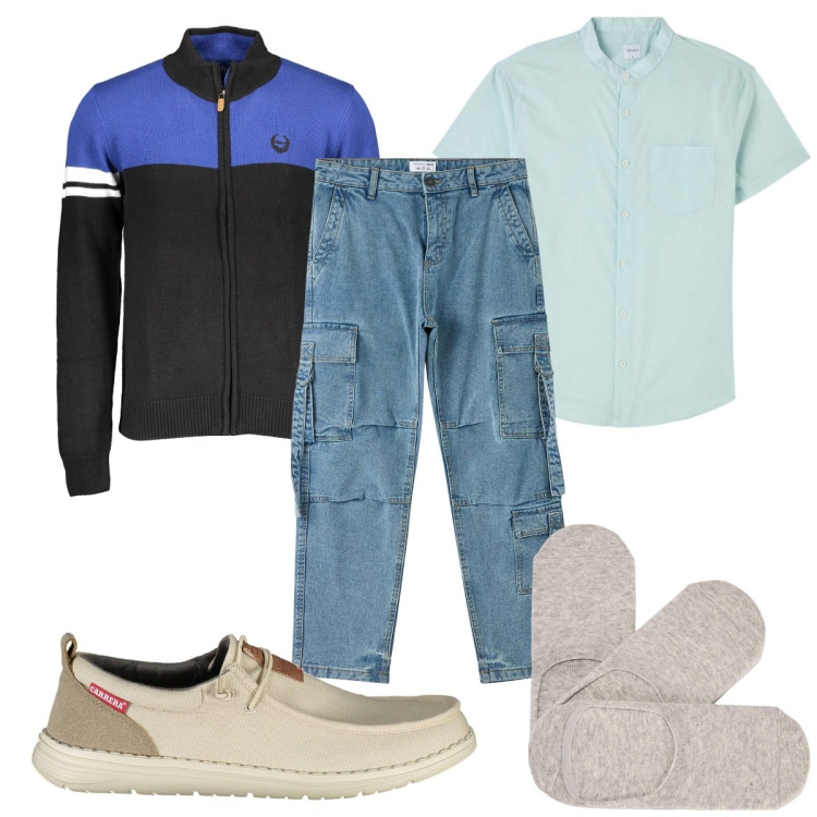 Outfit uomo - Total look #1843133. Stile Trendy per Tutti i giorni. Abbinamento con camicie a manica corta, calzini, jeans, scarpe stringate, cardigans.