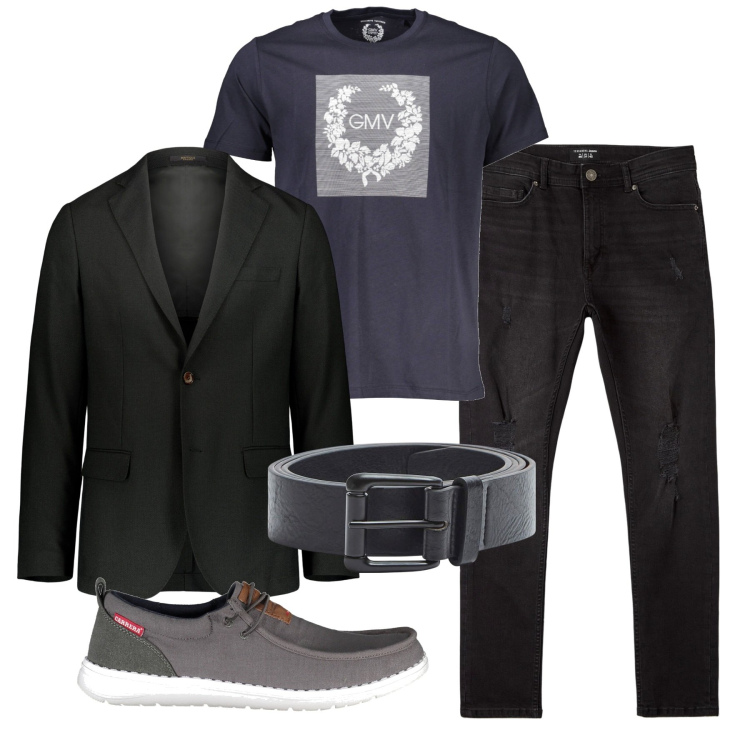 Outfit uomo - Nero. Stile Urban per Tutti i giorni. Abbinamento con jeans strappati, cinture, giacche, scarpe stringate, t-shirt.