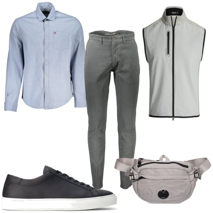 Outfit uomo - Total look #1843151. Stile Trendy per Tutti i giorni. Abbinamento con sneakers, gilet, borse sportive, camicie, pantaloni.