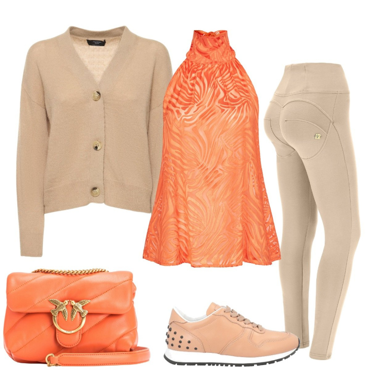 Outfit donna - Pesca e crema. Stile Casual per Tutti i giorni. Abbinamento con sneakers, top, borse a tracolla, pantaloni skinny, cardigans.