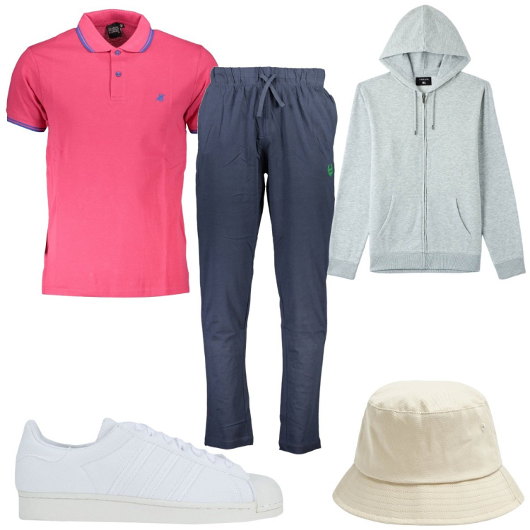 Outfit uomo - Total look #1843183. Stile Trendy per Tutti i giorni. Abbinamento con sneakers, cappelli, felpe con cappuccio, pantaloni, polo.