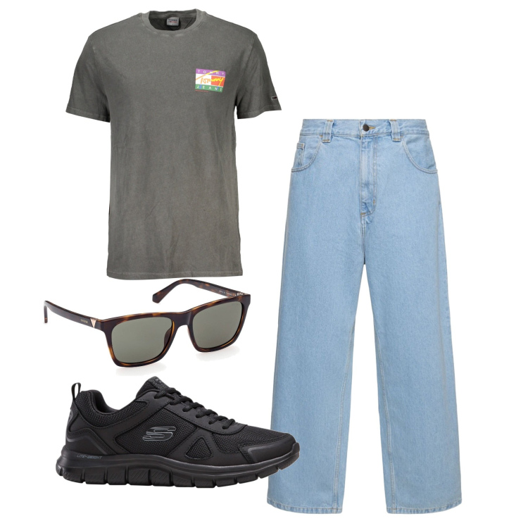 Outfit uomo - In giro. Stile Casual per Tutti i giorni. Abbinamento con sneakers, occhiali da sole, t-shirt, jeans.