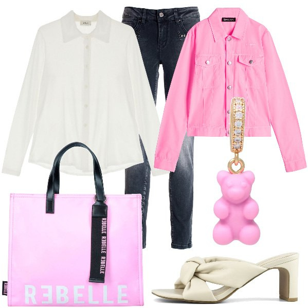 Outfit donna - Total look #1843220. Stile Trendy per Tutti i giorni. Abbinamento con ciondoli, jeans skinny, blazer, camicie, sandali col tacco, shopping bag.