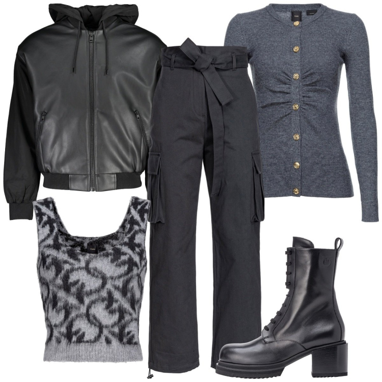 Outfit donna - Comoda ma con stile. Stile Sporty chic per Tutti i giorni. Abbinamento con anfibi, pantaloni cargo, top, cardigans, blazer.