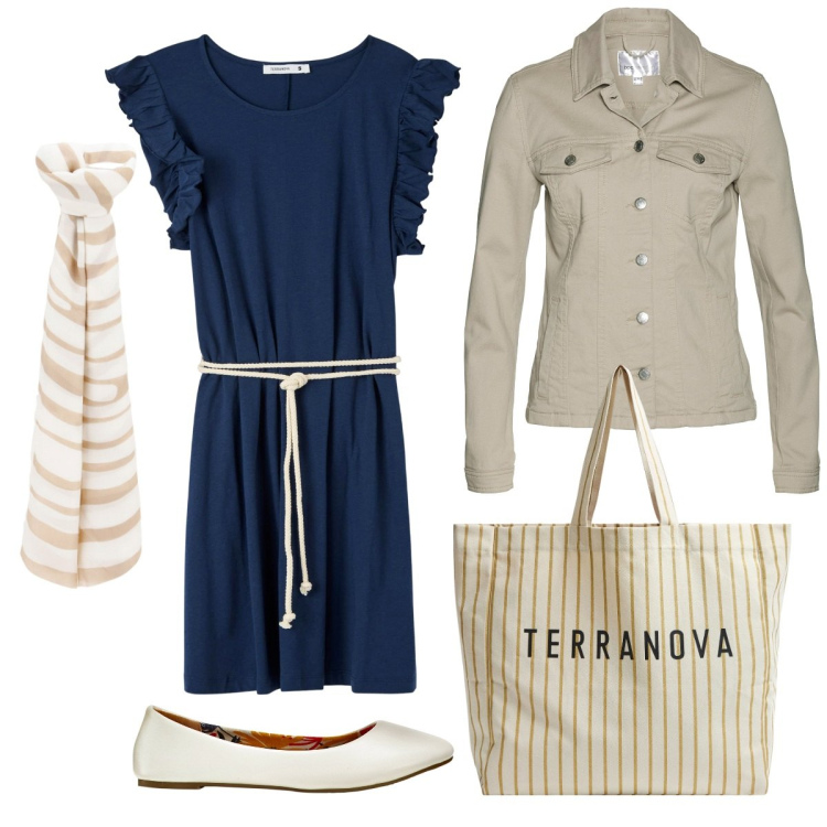 Outfit donna - Brezza marina. Stile Casual per Tutti i giorni. Abbinamento con blazer, ballerine, vestiti, borse tote, foulard.
