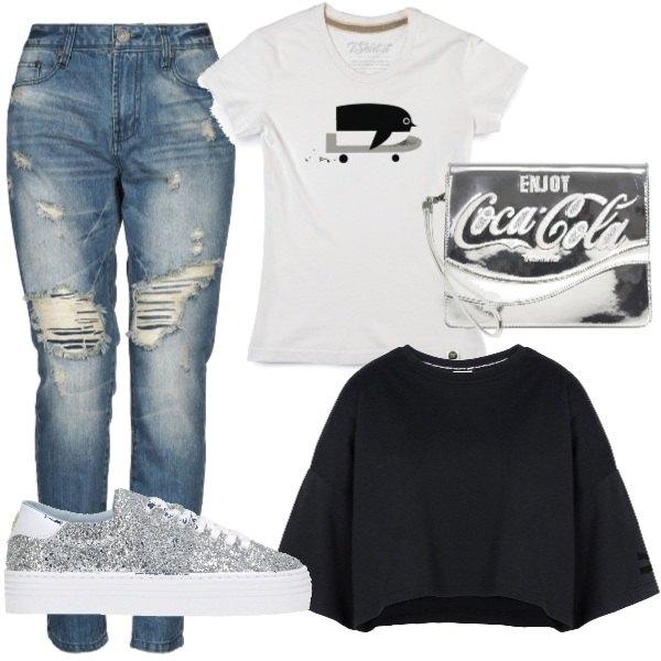 Outfit donna - Basic #16552. Stile Basic per Tutti i giorni. Abbinamento con jeans effetto strappato delavé vita alta con zip in cotone a tubo tinta unita, top cropped, sneakers mini con zeppe e lacci con punta tonda made italy, maglietta, pochette con strass effetto laminato in ecopelle.