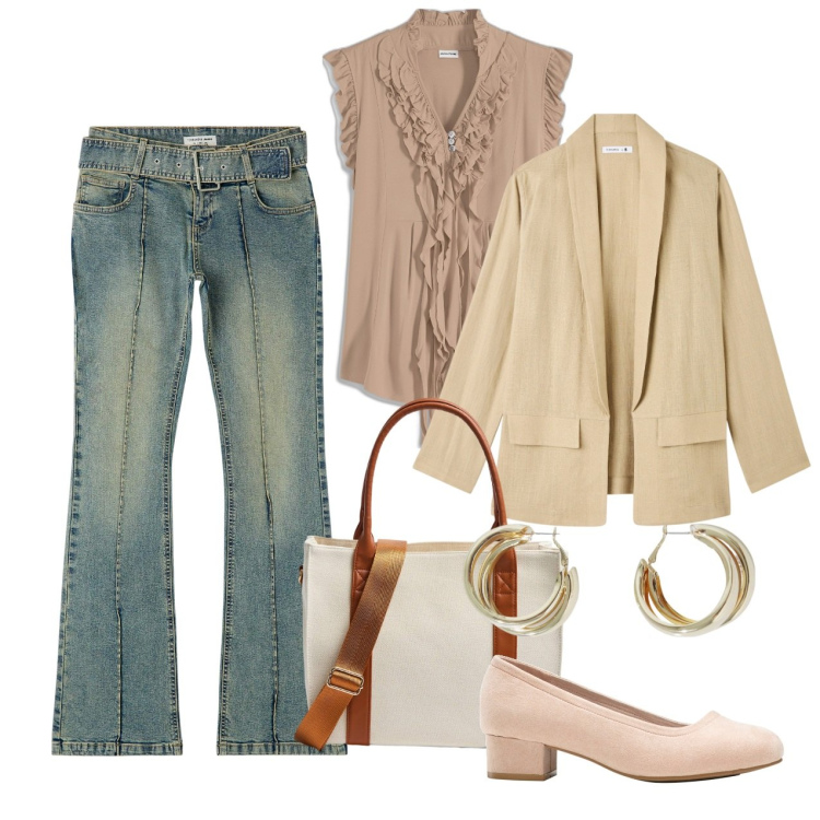 Outfit donna - Jeans primavera. Stile Casual chic per Tutti i giorni. Abbinamento con décolleté, maglieria, jeans a zampa, shopping bag, blazer, orecchini.