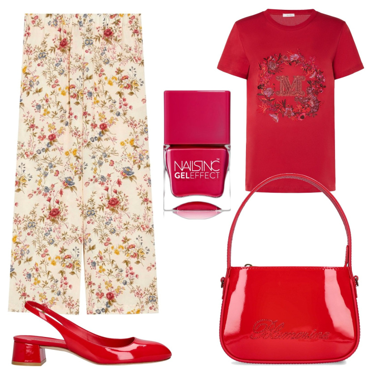 Outfit donna - Il pantalone in seta. Stile Casual chic per Serata fuori. Abbinamento con smalti, pantaloni, t-shirt, borse a mano, décolleté.