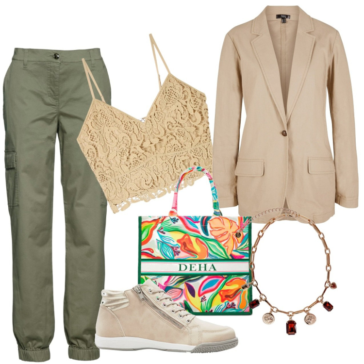 Outfit donna - Colori, pizzo e cargo. Stile Urban per Tutti i giorni. Abbinamento con pantaloni cargo, blazer, sneakers alte, top, shopping bag, collane.