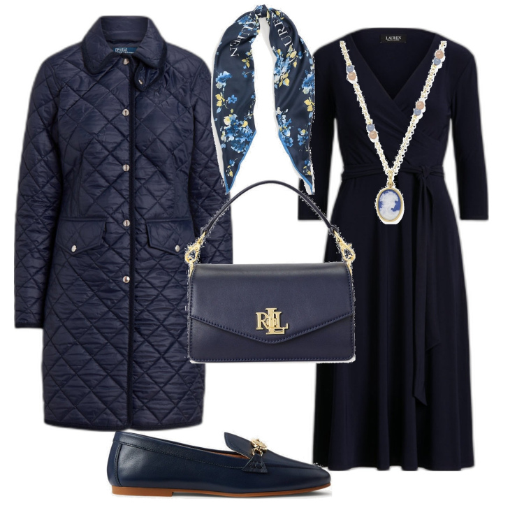 Outfit donna - Bon ton blu per tutti i giorni. Stile Bon Ton per Tutti i giorni. Abbinamento con collane, vestiti, mocassini, borse a tracolla, cappotti, sciarpe.