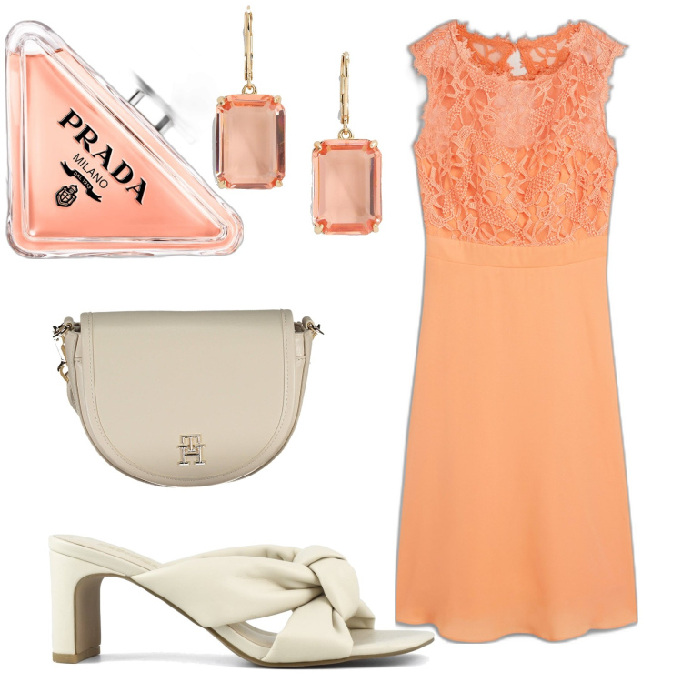 Outfit donna - Vestitino pesche fuzz. Stile Chic per Tutti i giorni. Abbinamento con vestiti, profumi, orecchini, sandali col tacco, borse a tracolla.