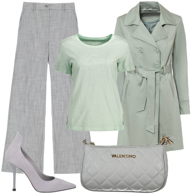 Outfit donna - grigio e verde. Stile Casual chic per Tutti i giorni. Abbinamento con trench, décolleté, pantaloni, t-shirt, borse a spalla.