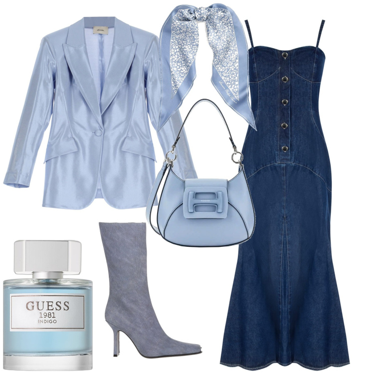 Outfit donna - Romantica chic per una serata. Stile Romantica per Serata fuori. Abbinamento con stivali, profumi, vestiti midi/longuette, foulard, blazer, borse a tracolla.