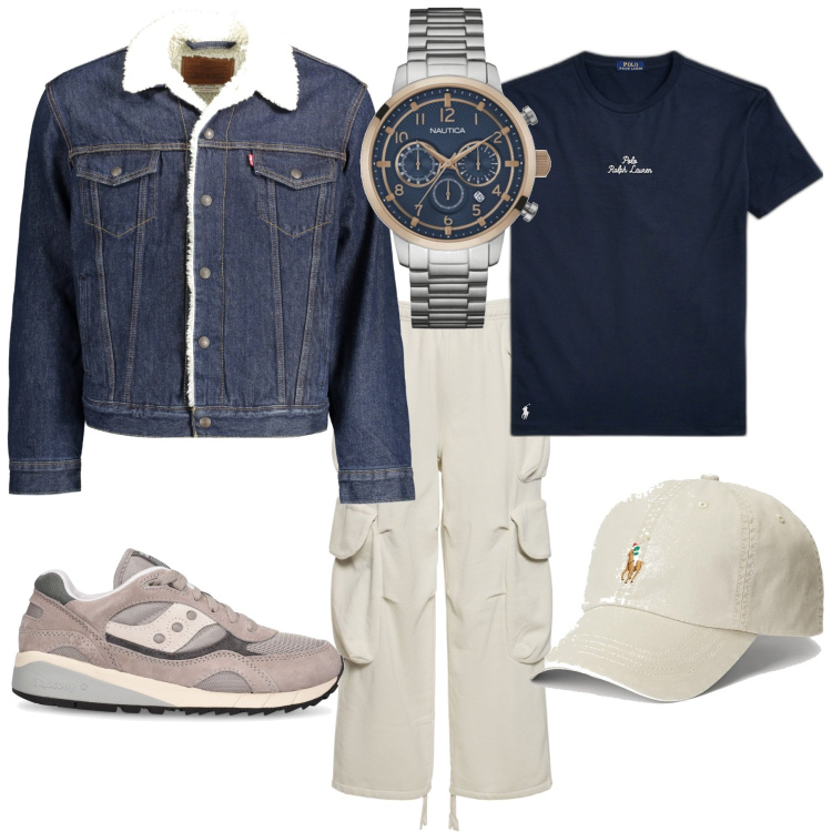 Outfit uomo - Casual week end. Stile Casual per Tutti i giorni. Abbinamento con orologi, t-shirt, cappelli, sneakers, pantaloni cargo, giacche.