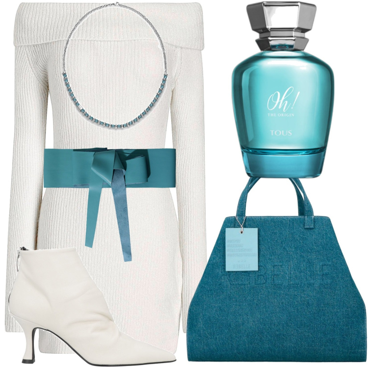 Outfit donna - primavera petrolio. Stile Casual chic per Tutti i giorni. Abbinamento con stivaletti, vestiti corti, collane, profumi, cinture, shopping bag.