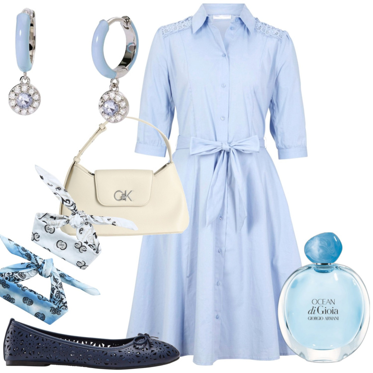 Outfit donna - Le ballerine blu. Stile Bon Ton per Tutti i giorni. Abbinamento con ballerine, vestiti chemisier, borse a mano, profumi, fasce per capelli, orecchini.