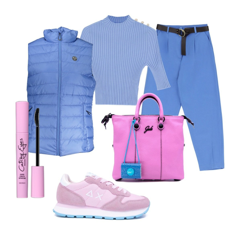 Outfit donna - Combo rosa azzurro. Stile Sporty chic per Tutti i giorni. Abbinamento con mascara, maglieria, pantaloni, sneakers, blazer, shopping bag.