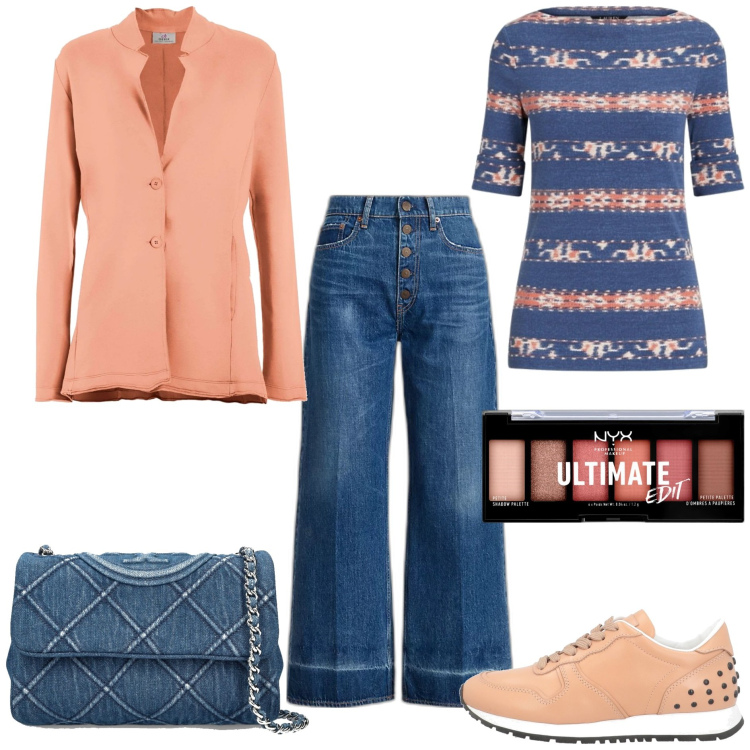 Outfit donna - Il blazer in felpa. Stile Trendy per Tutti i giorni. Abbinamento con sneakers, ombretti, jeans, t-shirt, blazer, borse a spalla.