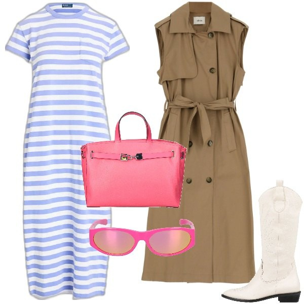 Outfit donna - Trench smanicato. Stile Military per Tutti i giorni. Abbinamento con stivali, trench, vestiti, occhiali da sole, borse a mano.