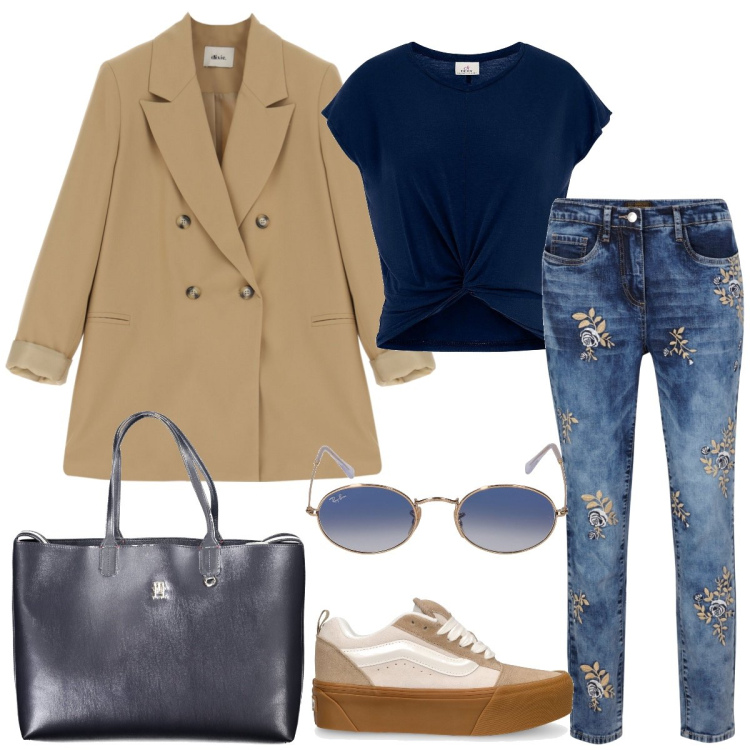 Outfit donna - Total look #1843360. Stile Casual chic per Ufficio. Abbinamento con jeans, blazer, t-shirt, sneakers, borse a spalla, occhiali da sole.