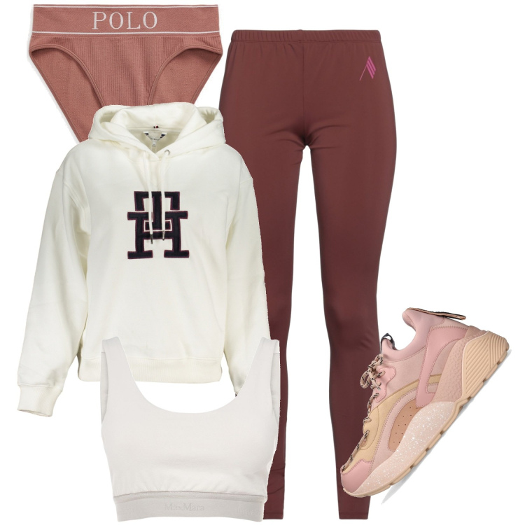 Outfit donna - Total look #1843367. Stile Basic per Sport. Abbinamento con leggings sportivo, culotte, sneakers, felpe con cappuccio, top.